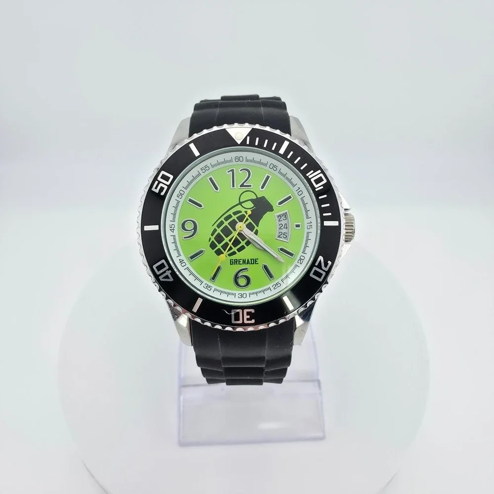 GRENADE Men's Watch Green Dial Unidirectional Diver Bezel Silicone Band 8